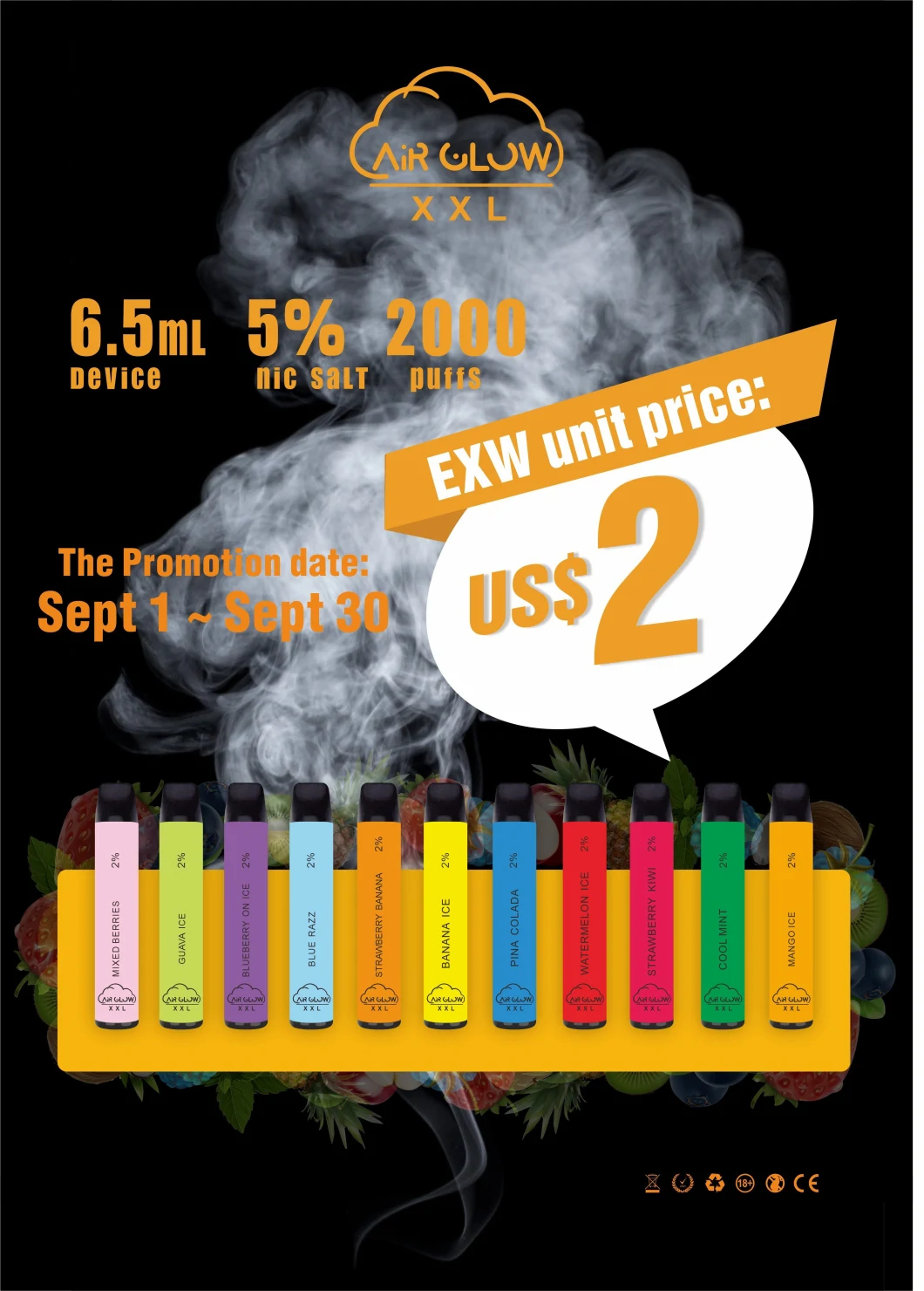 Hot Sale Custom Flavour 850 mAh 6.5ml Liquid Juice 2000puffs E Fruit Disposable Vape Pen From Manufacturers China